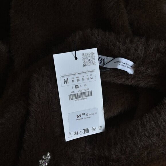 NWT Zara Faux Fur Knit Sweater w/ Brooches Brown Soft Size Medium - Picture 9 of 12